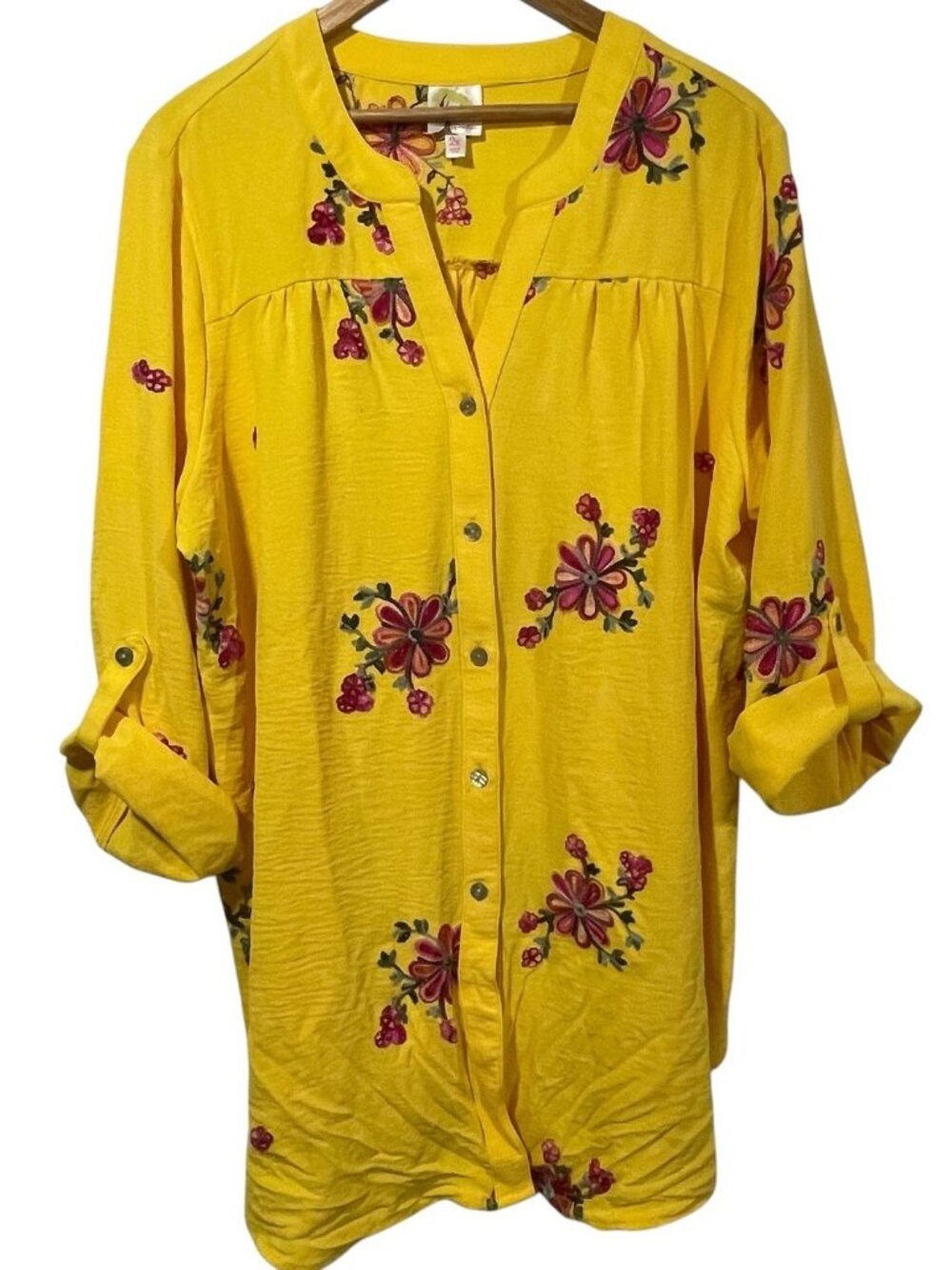 Fig & Flower Button Up Tunic Top Yellow Floral Embroidered Roll Tab Sleeve Sz 2X